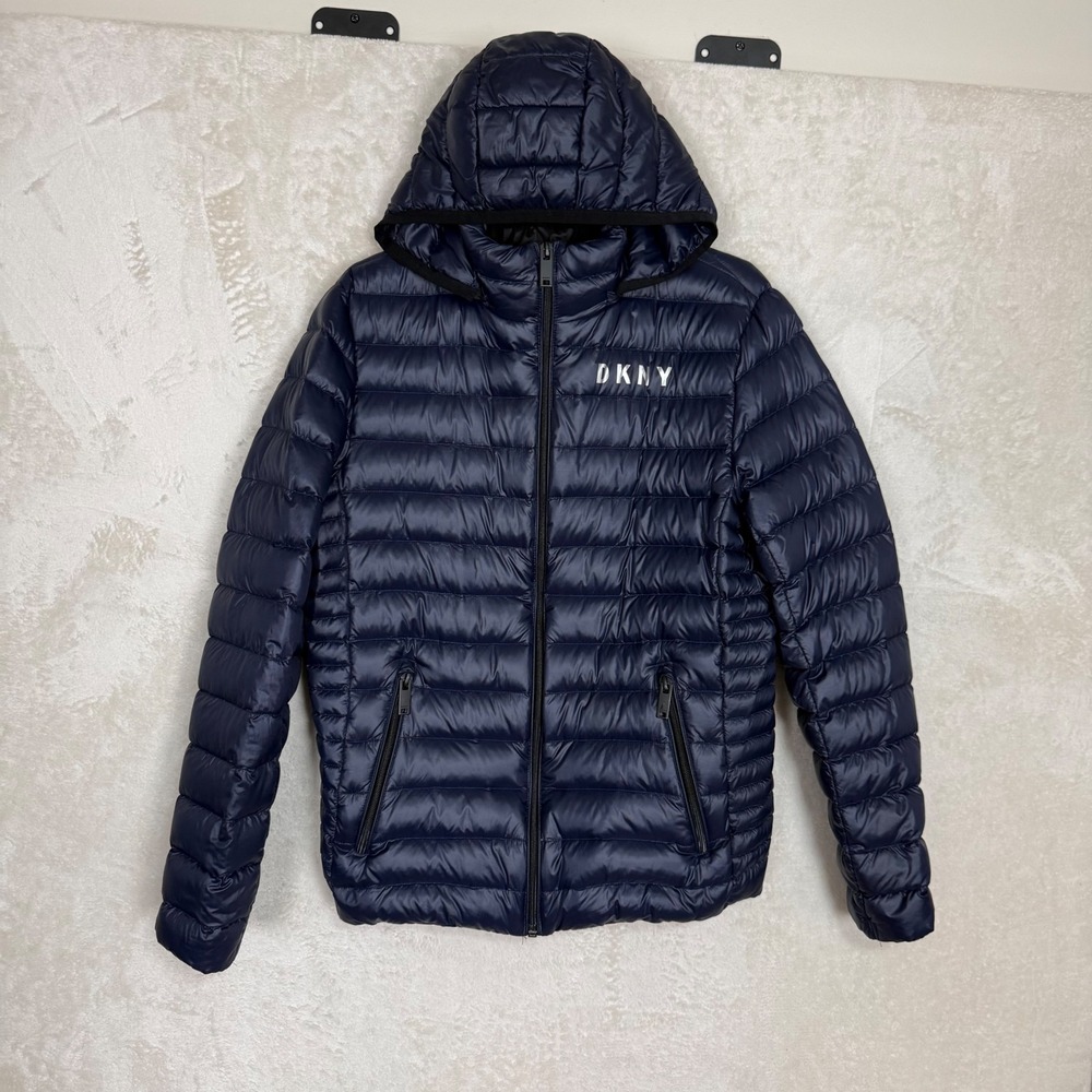 DKNY‎ Womens Navy Blue Packable Premium Down Puffer Jacket Hooded Small